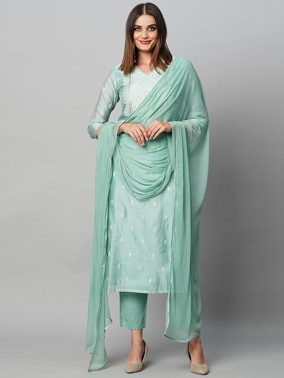 Women Blue Plus Size Floral Printed Indian Cotton Kurta Top & Pant With Dupatta