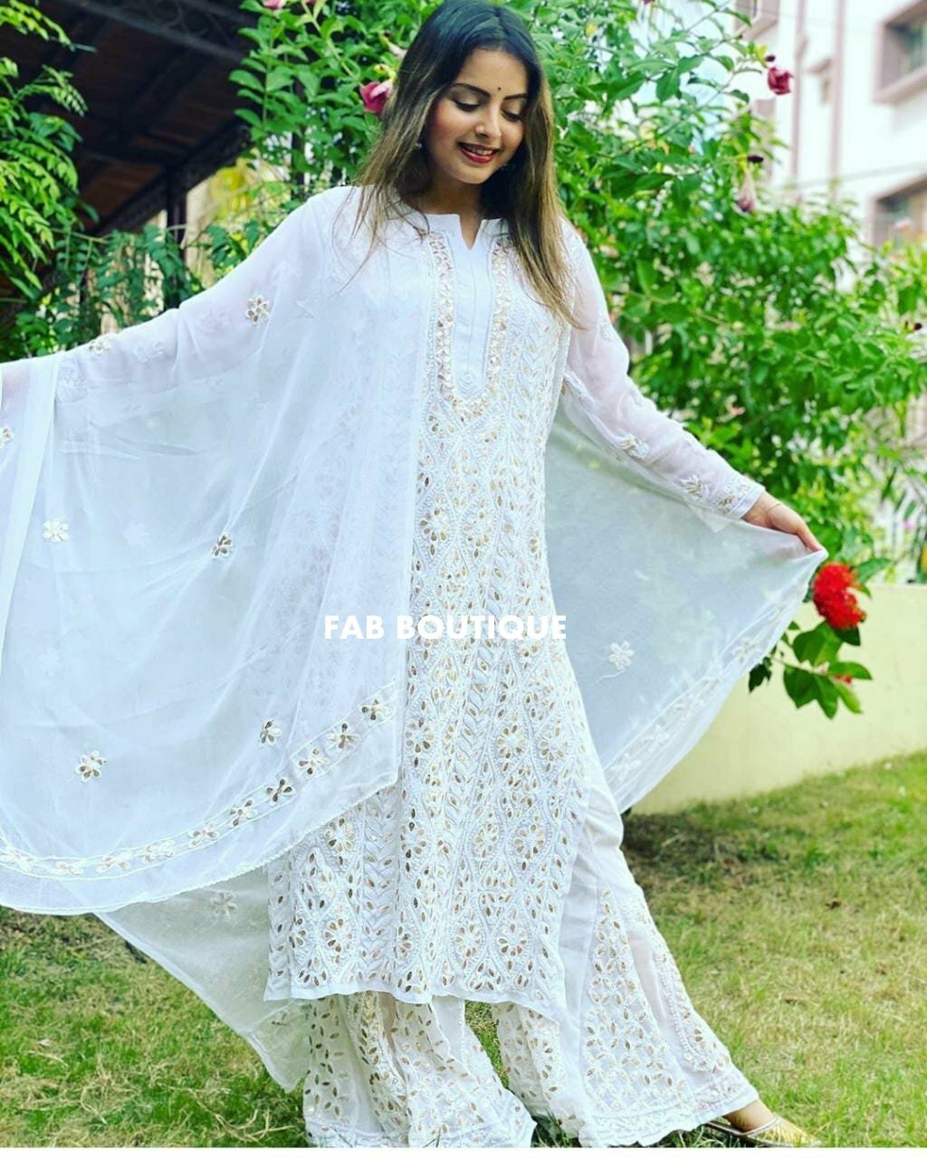 Handmade Chikankari White Georgette Gota Patti Kurta Palazzo Set With Dupatta