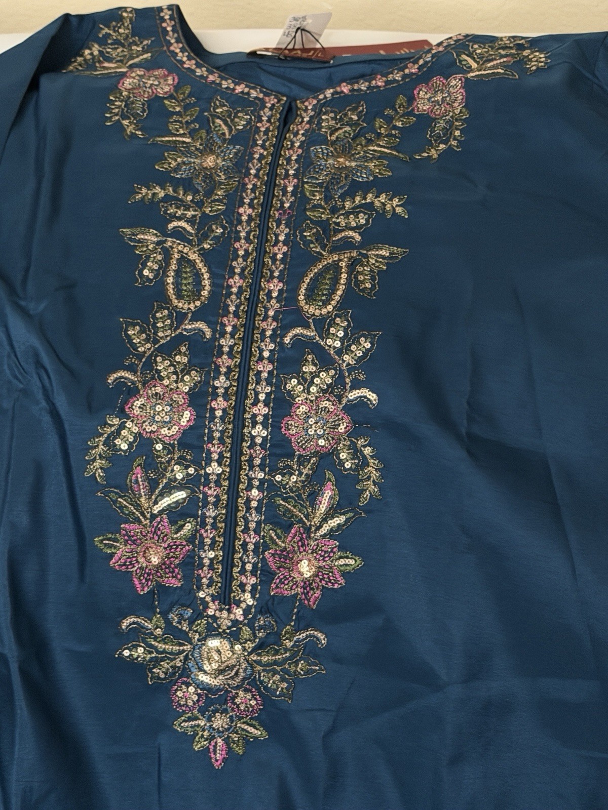 Pakistani 3 Pc Teal Green Embroidered Farshi Suit Set Organza Dupatta Size 44.5