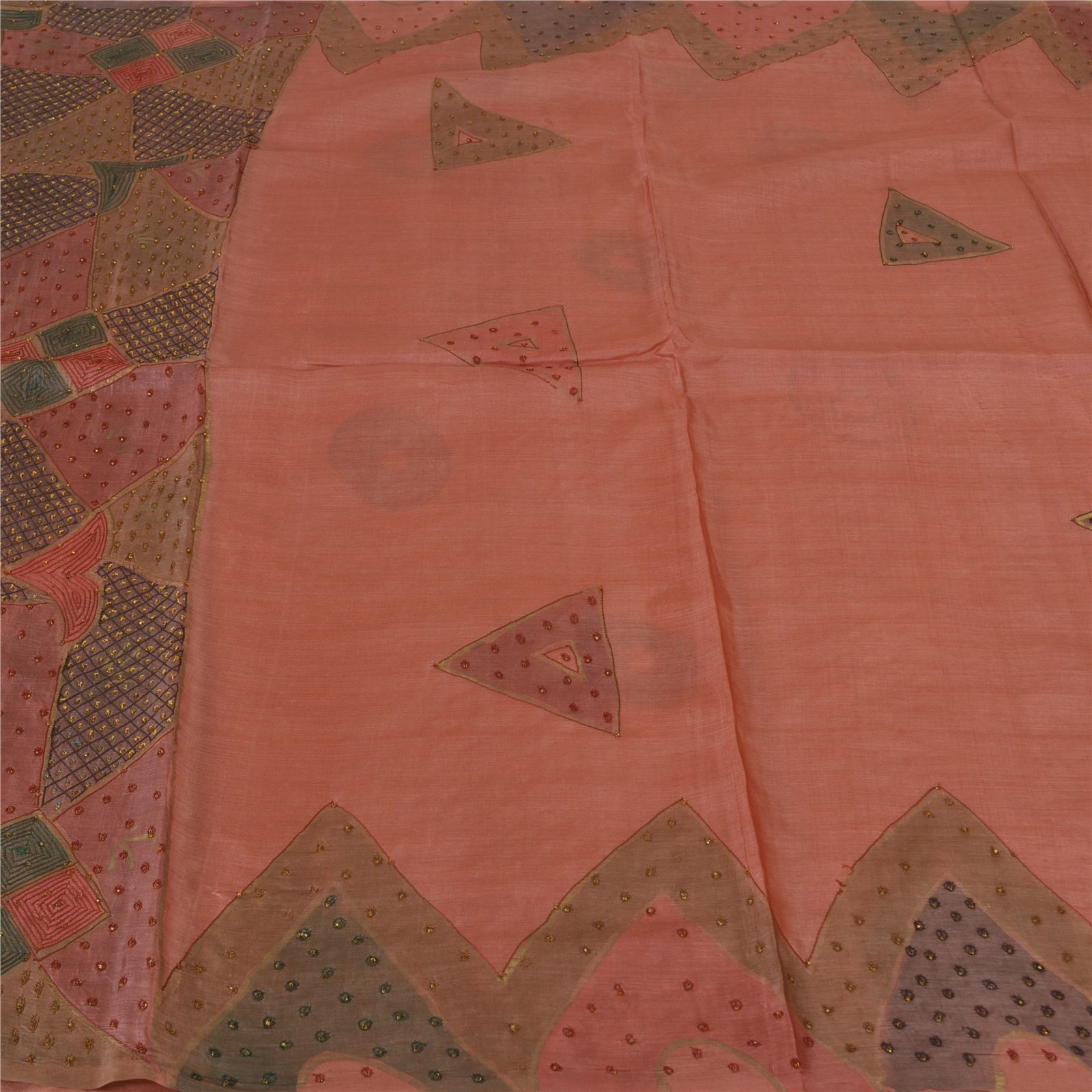 Sanskriti Vintage Peach Sarees 100% Pure Silk Hand Beaded Craft 5 Yd Fabric Sari