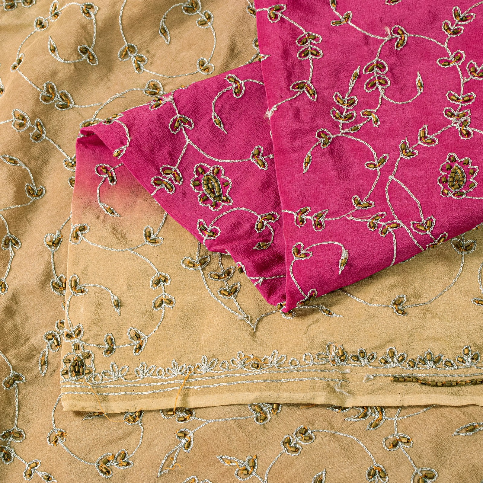 Sanskriti Vintage Pink Sari 100%Pure Crepe Silk Hand Beaded Sarees 5.5+Yd Fabric