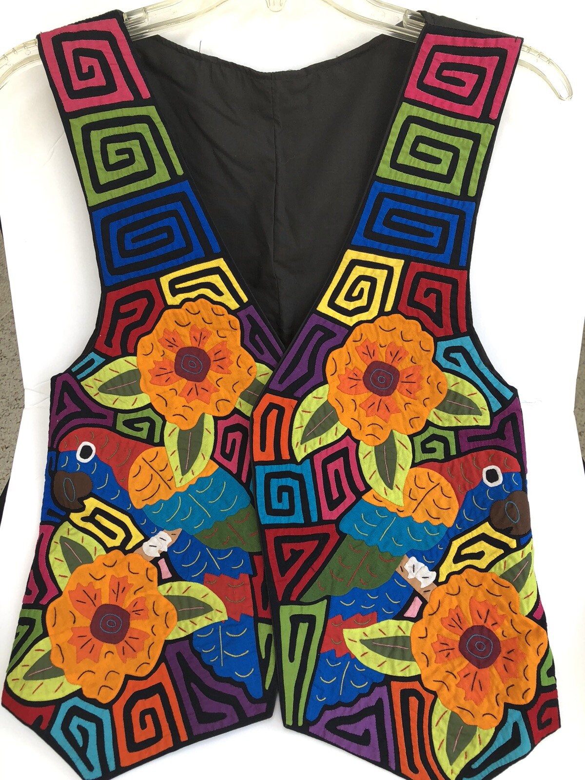 Colorful Panama Mola Vest Handmade appliqued Parrot flowers – unisex large