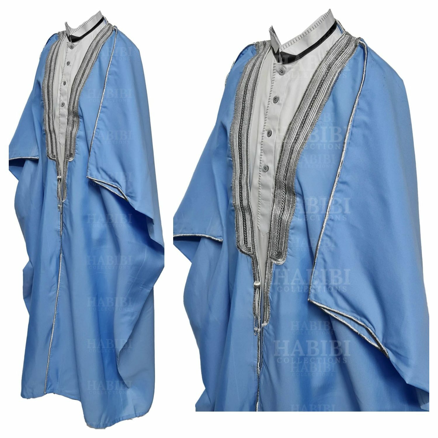 Men’s PREMIUM 3 Quarter Sleeve Arabian Bisht Light Blue Silver Cloak Arab Dre