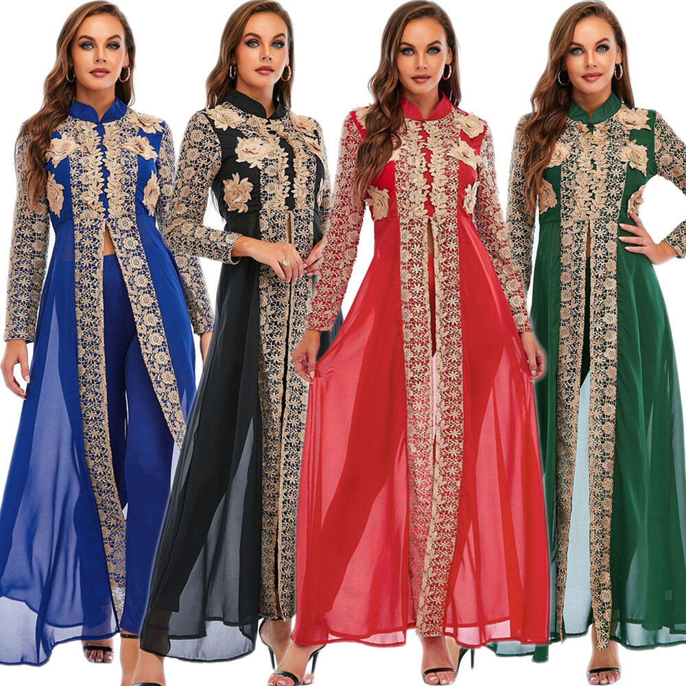 Dubai Muslim Women Long Sleeve Blouse Pants Outfits Two Piece Set Abaya Kaftan