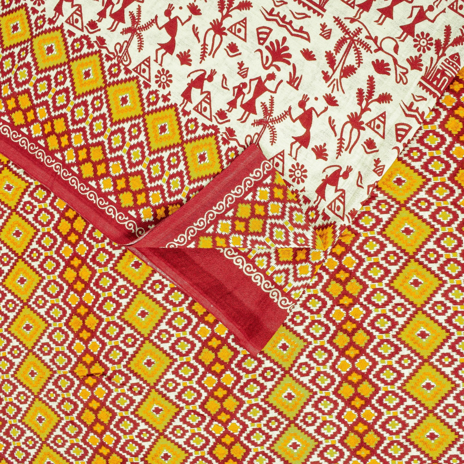 Sanskriti Vintage Saree Soft Red-Cream WarliArt Pure Cotton Geometric Print 5+Yd