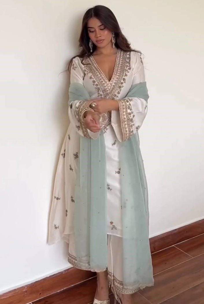 Exclusive Heavy Natural Silk White Top Palazzo With Dupatta For Festival Wear