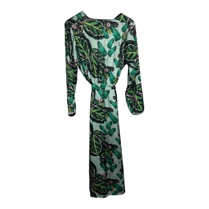 Lobo Rosa Green Tropical Leaf Jungle Monkey Satin Wrap Kimono One Size?