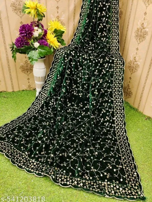 Green Embroidery Velvet Dupatta For Bride And Women Velvet Shawl Odhani Veil