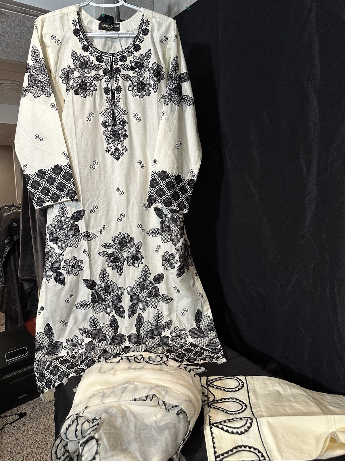 Beautiful Cotton Embroidered 3 Pc Suit – Chiffon Dupatta, Emb Pants- M & L- $44