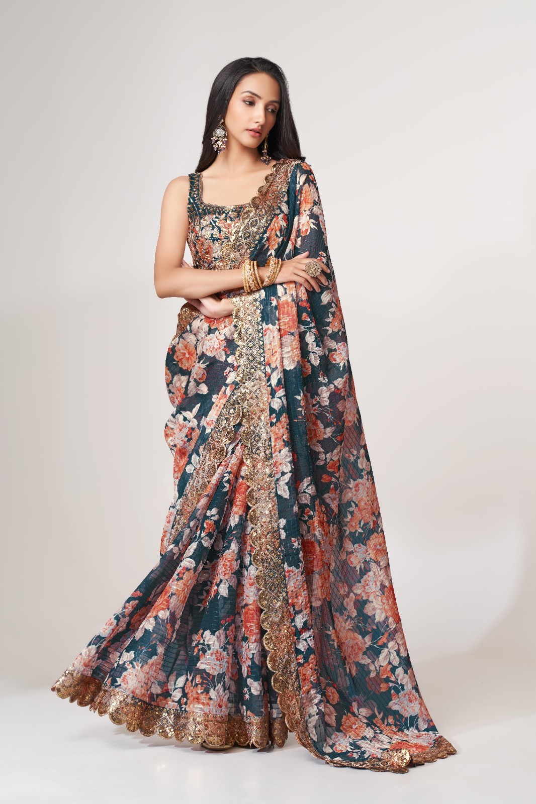 Dove Blue Organza Saree Floral Digital Print Reception Wear Saree