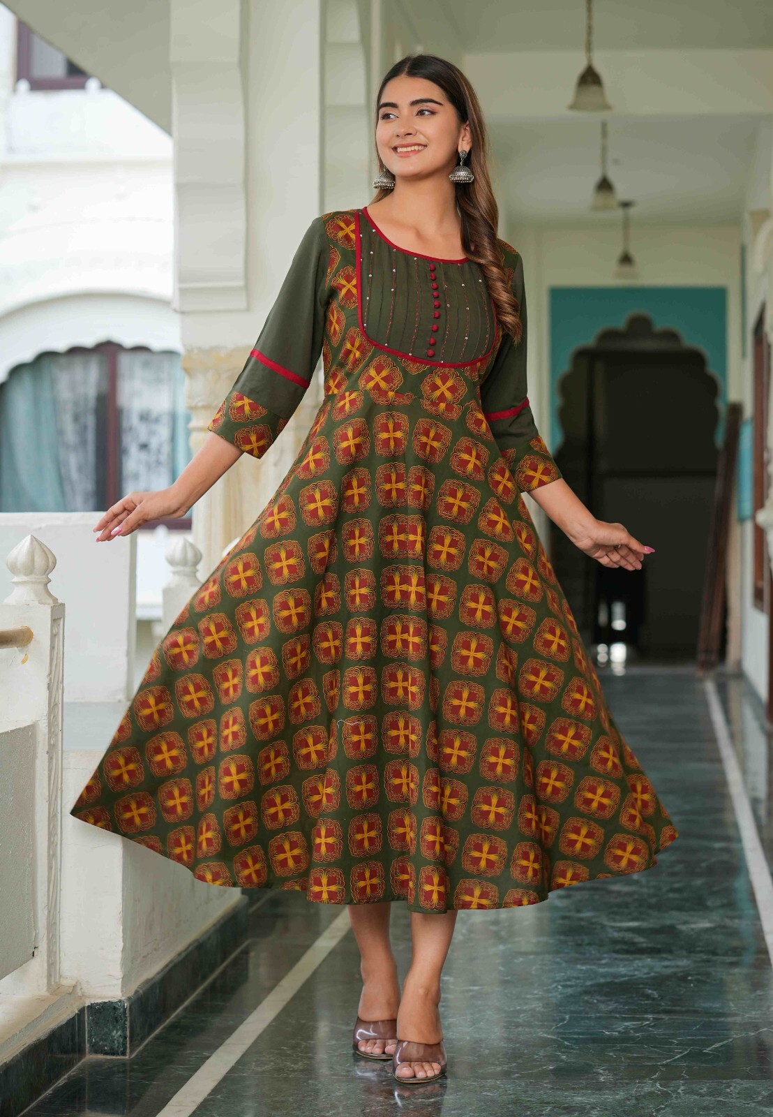 Women’s Floral Pintucks Anarkali Kurta by YASH GALLERY, Green Cotton 48″ Kurta,