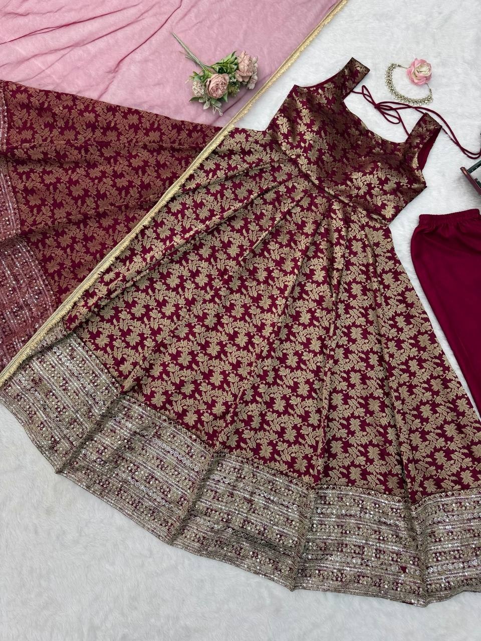 Stylish Look Chanderi Jacquard Maroon Gown Bottom With Dupatta For Party Wear
