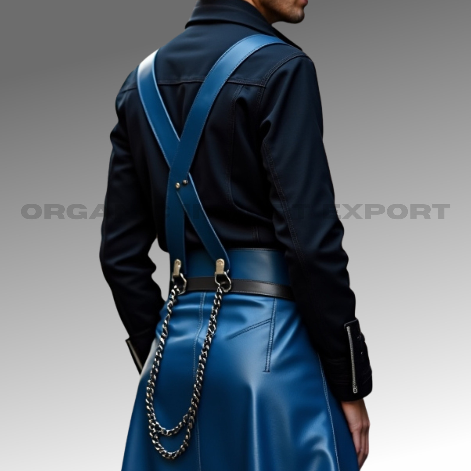 Men’s Gothic Blue Leather Kilt with Harness Straps &Chains-Punk Streetwear Skirt