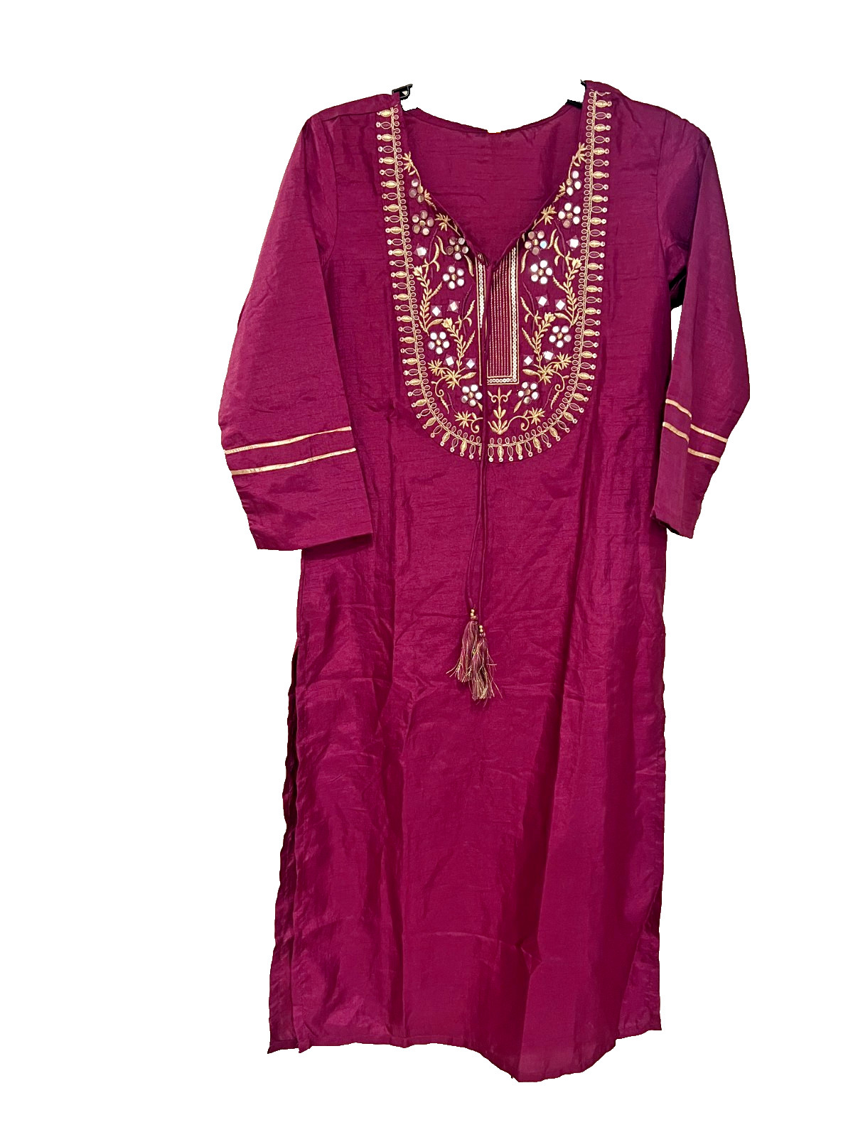 Indian Kurta Tunic Boho Purple Women’s S Gold Stitching VNeck Tassels 3/4 Sleeve