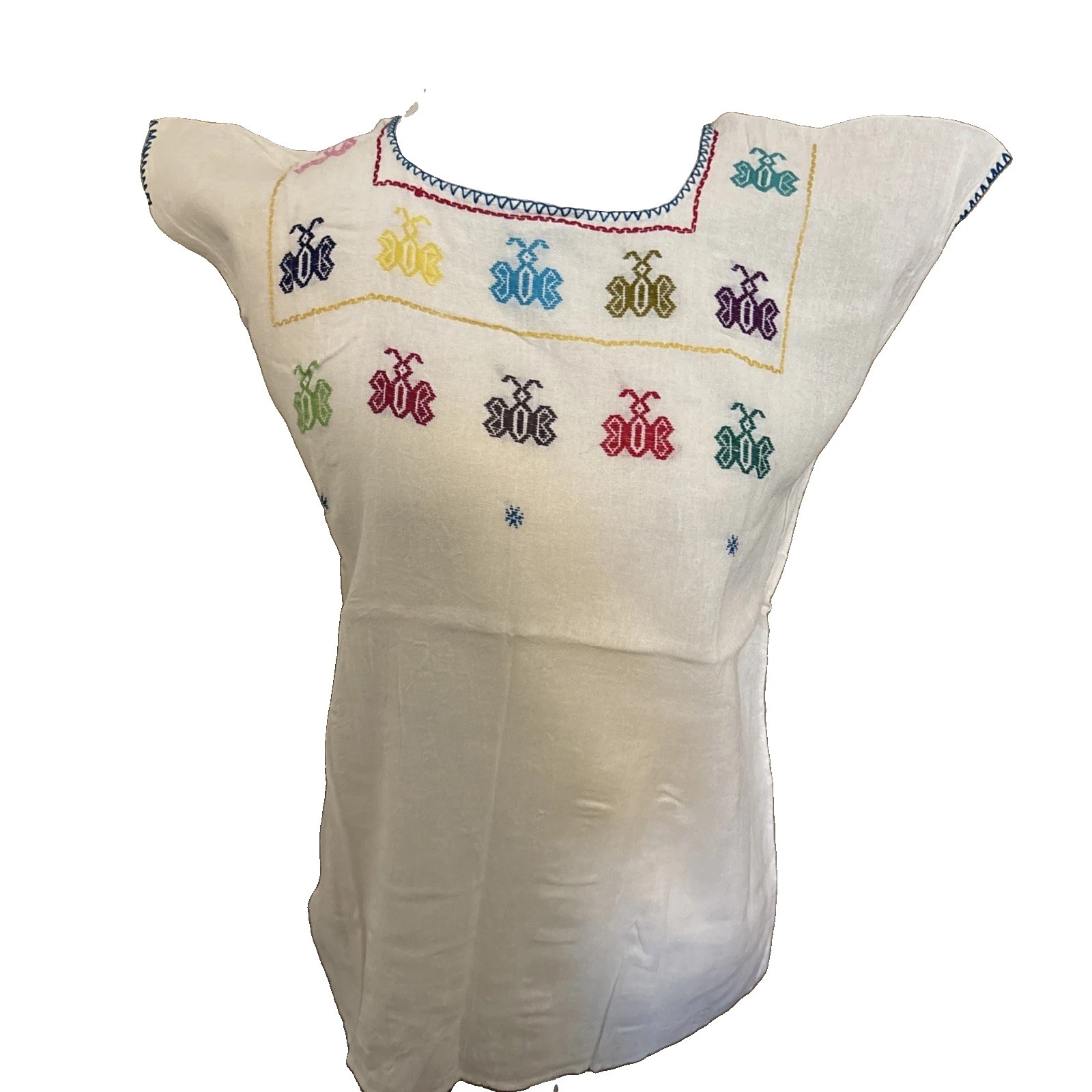 Embroidered Mexican Blouse Handmade Butterflies Size S