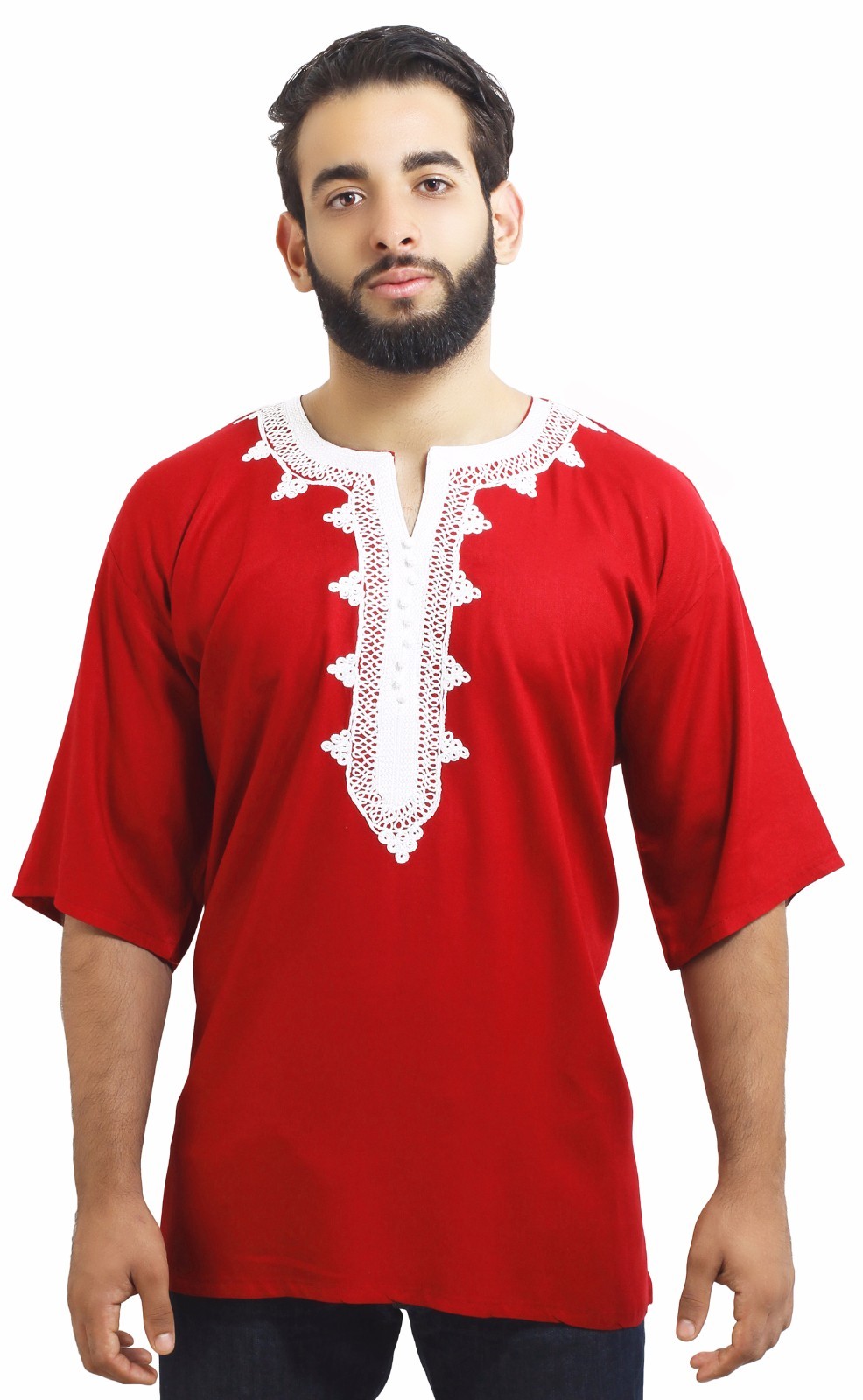 Moroccan Men Tunic Shirt Cafan Casual Handmade Embroidered Cotton Large Red