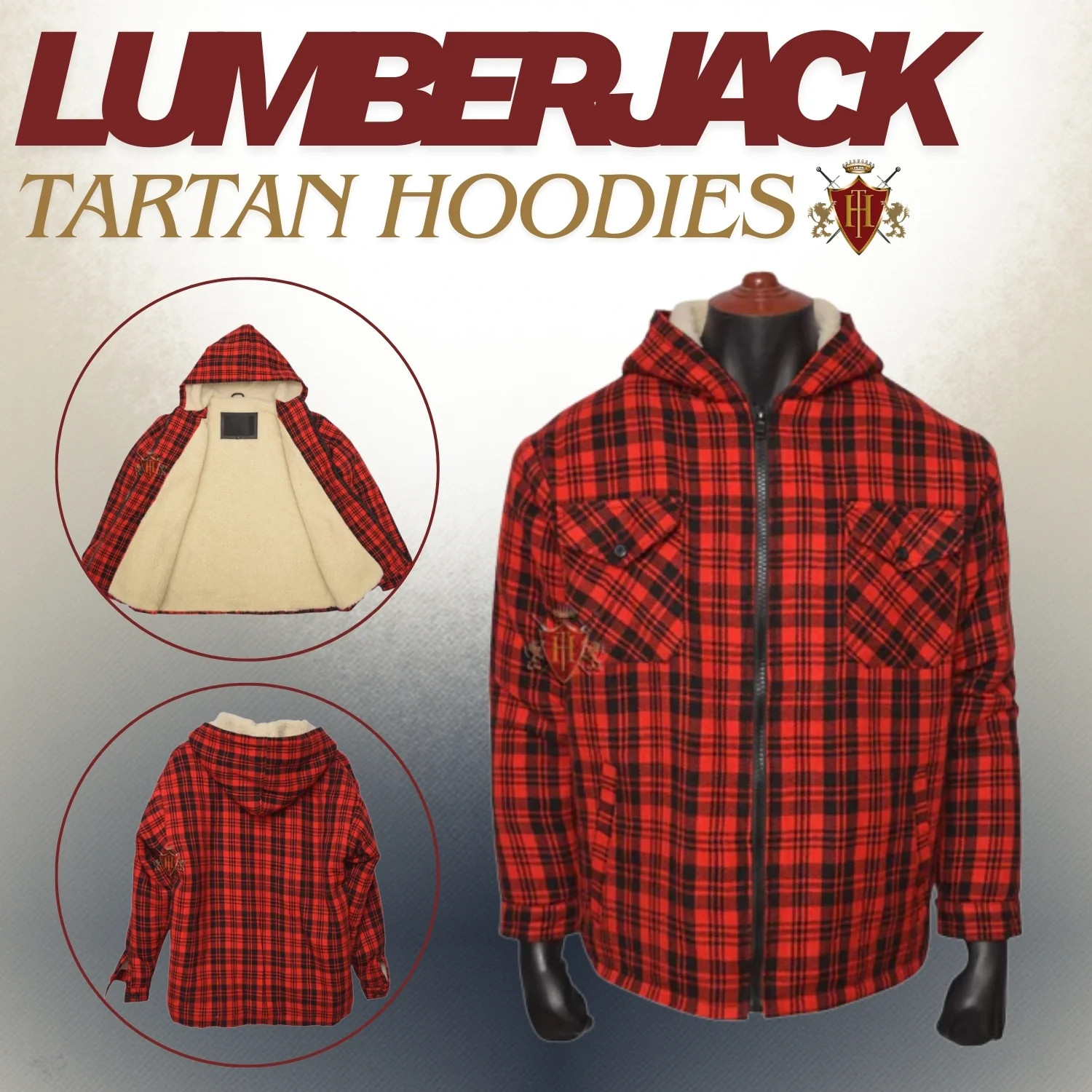 Red/Black Hoodies Lumberjack Sherpa Wool Fabric Lined Tartan