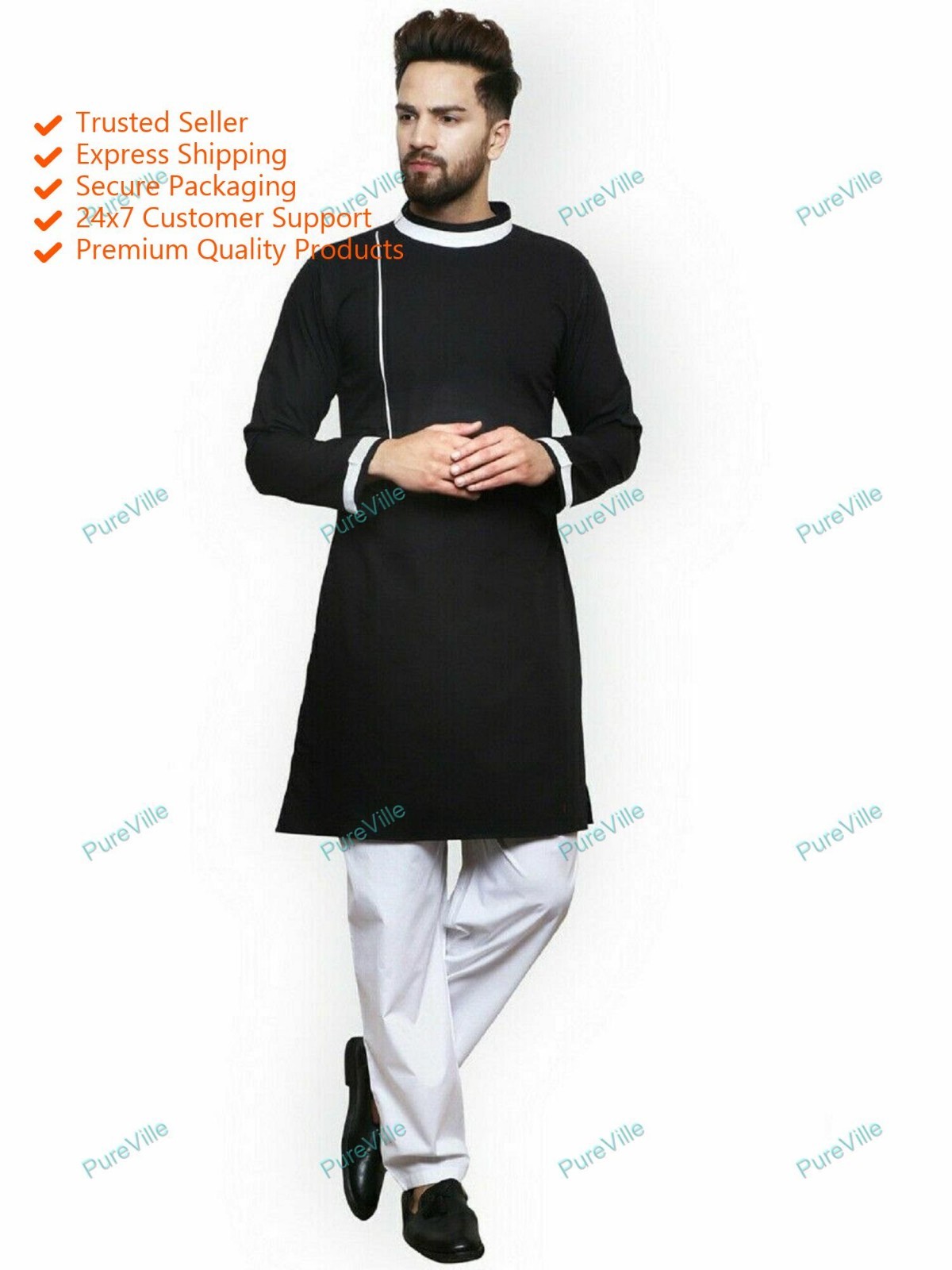 Indian Cotton Shirt Kurta Mens Tunic Top Black Color plus Size Solid Tall