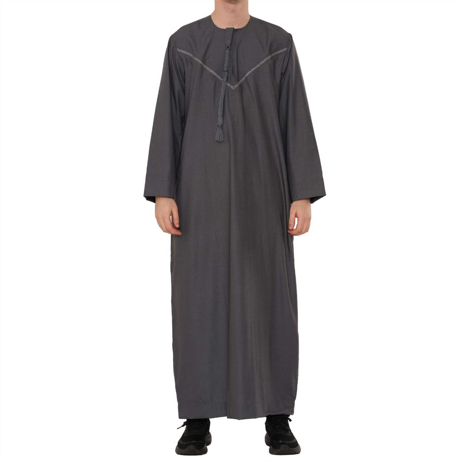 Men Grey Thobe Emirati Omani Jubba Islamic Clothing Embroidery Muslim Eid Tassel