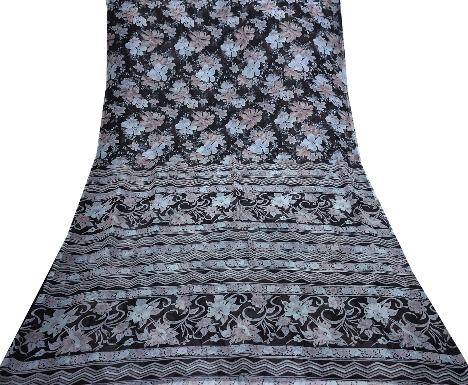 Vintage Saree Black Pure Chiffon Silk Printed Sari Craft Fabric Sewing 5Yd Soft