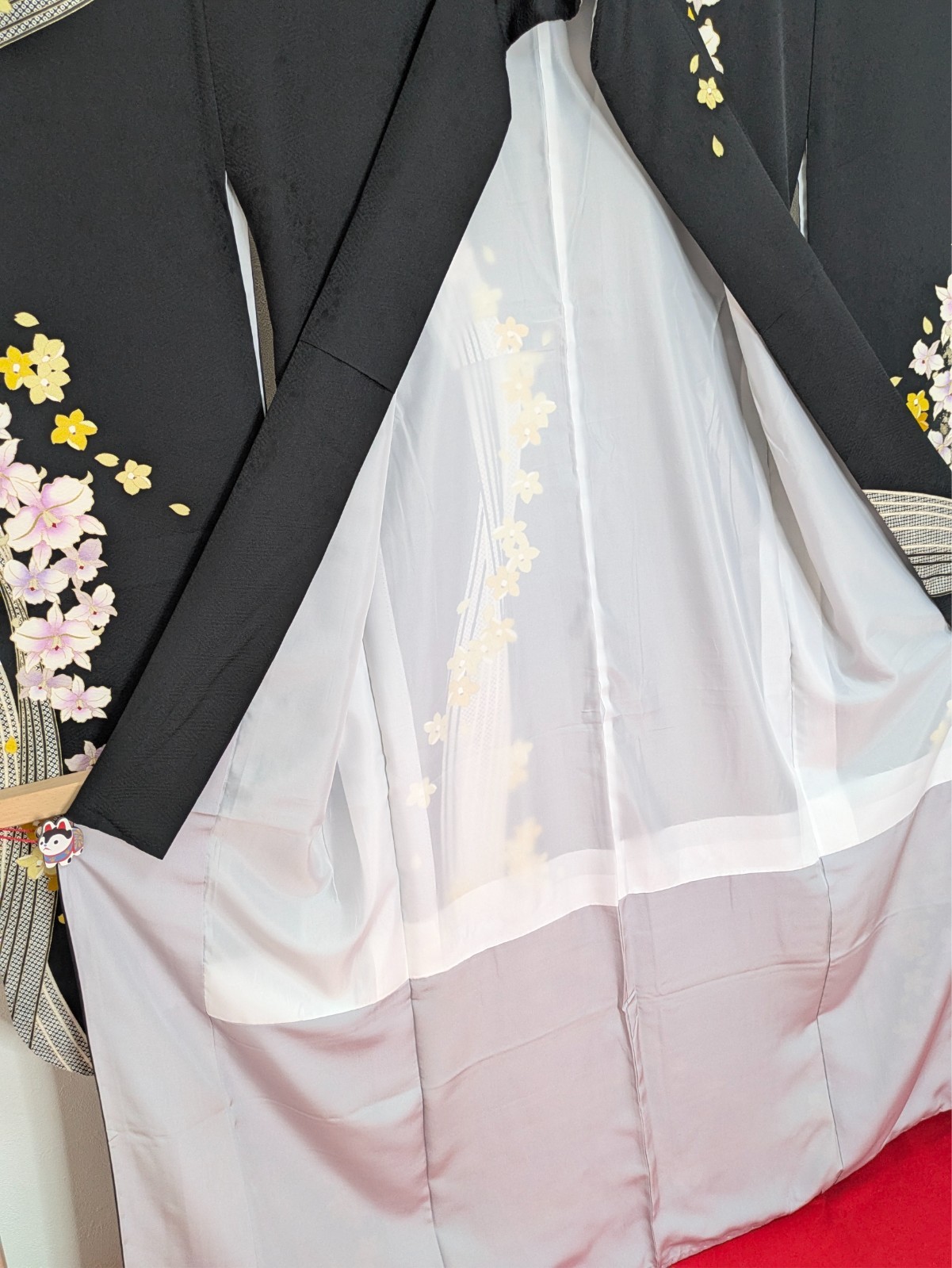 Japanese Kimono Silk Furisode Black Yellow & Purple Flowers Vertical Waves Art