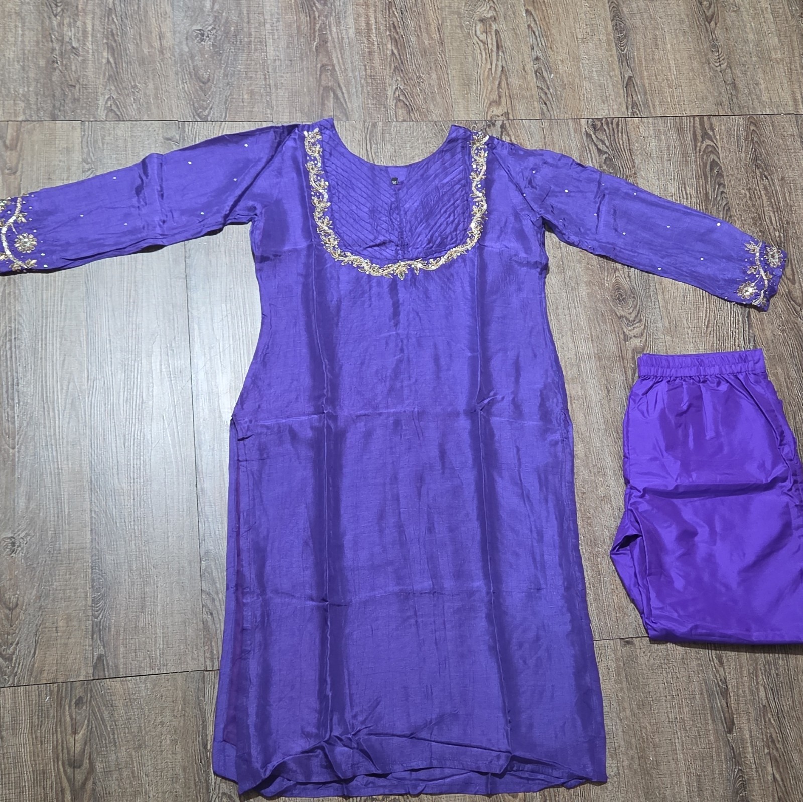Purple Silk Kurta Pants Set with Gold Zari Embroidery (Size 38)