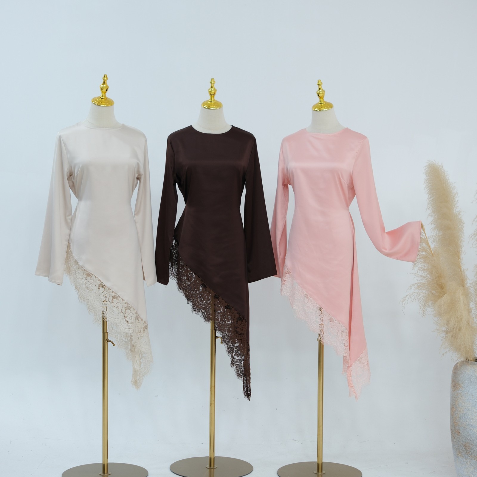 Women Blouse Long Skirt O-Neck Asymmetrical Lace Long-Sleeve Blouses 2 Piece Set