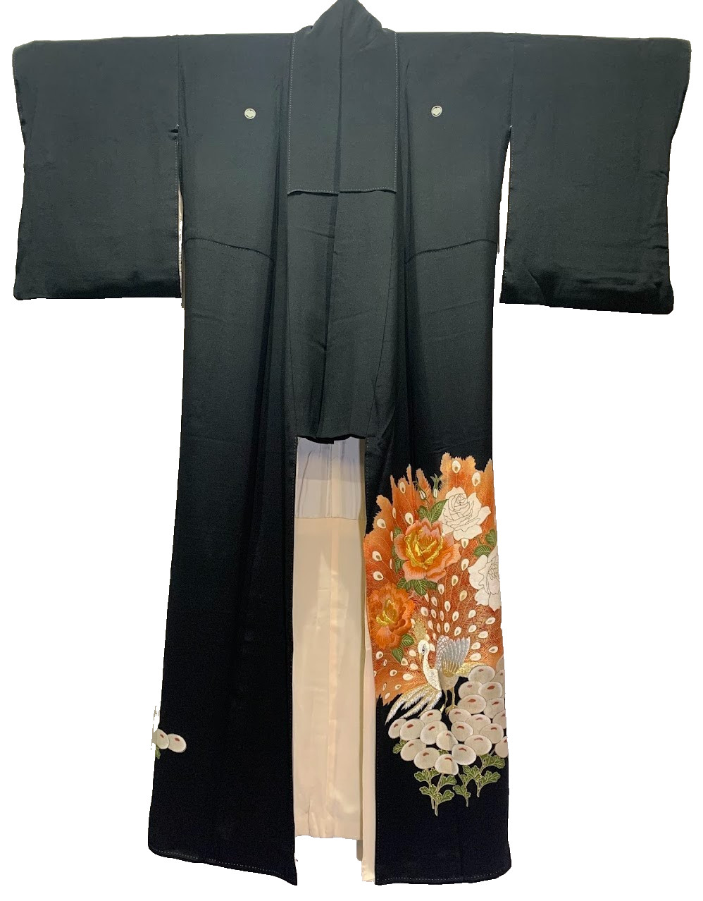 Vintage Silk Kurotomesode Kimono Peacock Embroidery Gold S 25.2in Yuki Japan