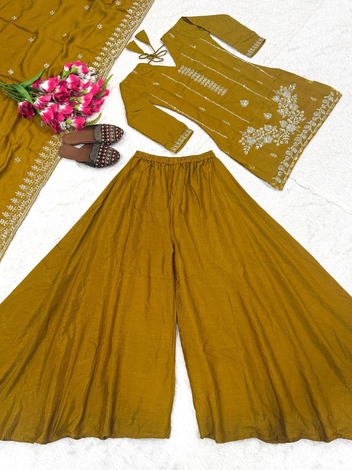 Launching New Heavy Vichitra Silk Kurta Palazzo With Dupatta For Women