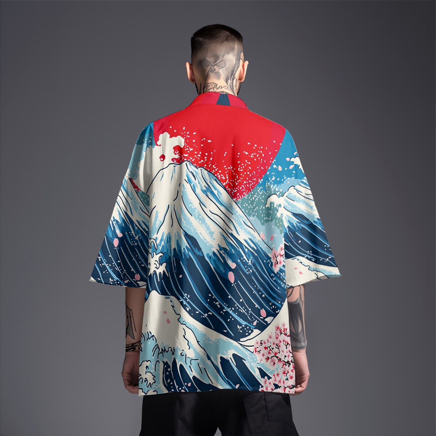 Niepce Men’s Japanese Graphic Lightweight Fuji Waves Kimono Cardigan Shirt Top