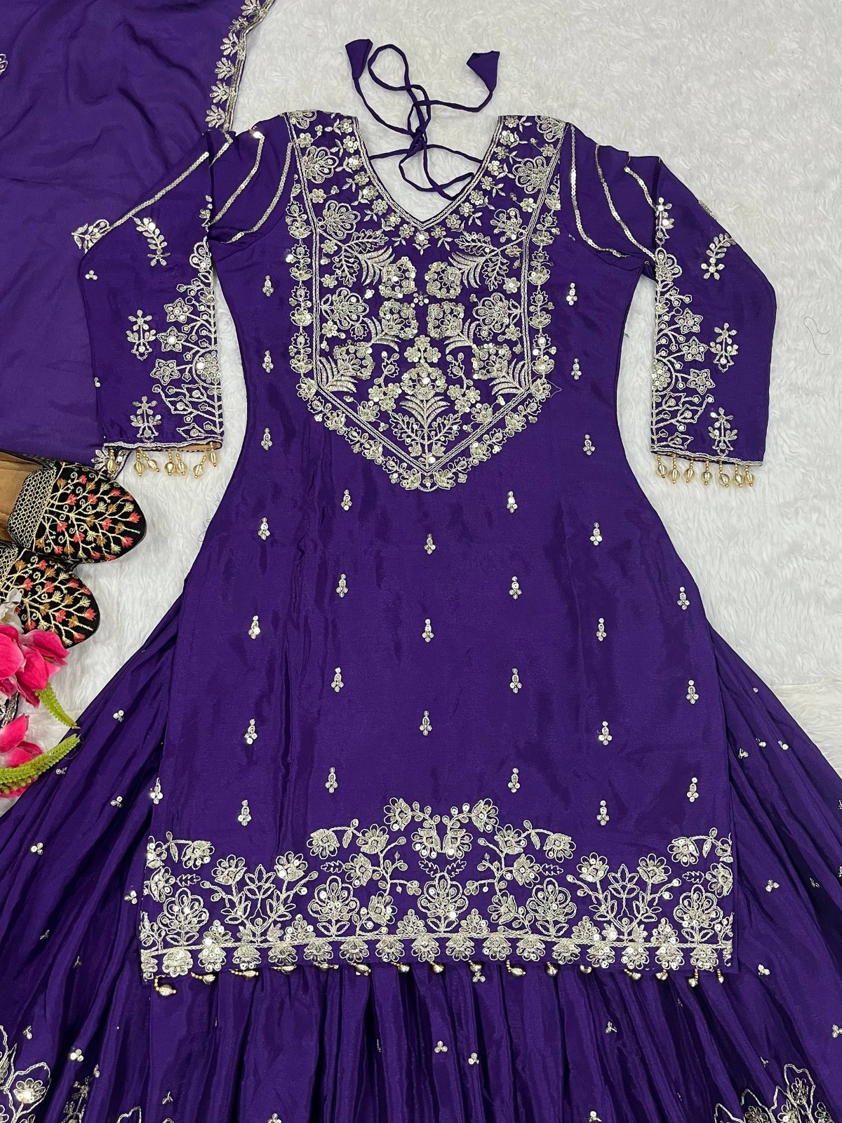 Stylish Heavy Chinon Silk Purple Top Lehenga With Dupatta For Wedding Wear