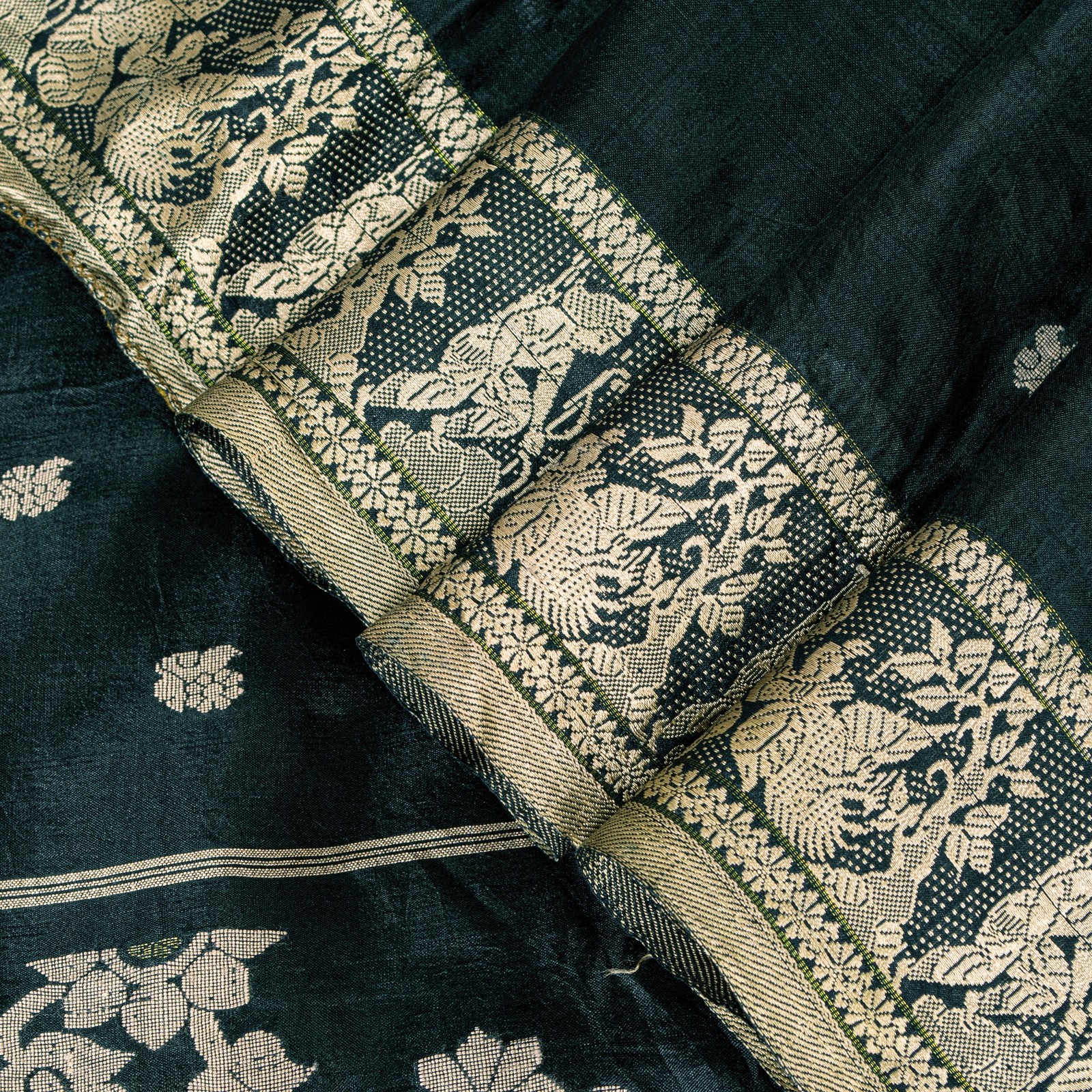 Sanskriti Vintage Green Pure Silk Saree Hand Woven Sari West Bengal 6+Yd Fabric