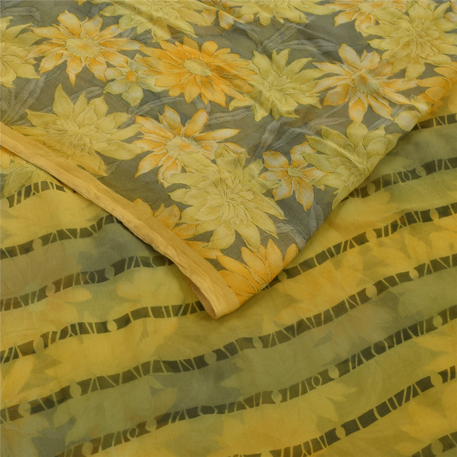 Sanskriti Vintage Sarees Gray Pure Georgette Silk Printed Sari 5+Yd Craft Fabric