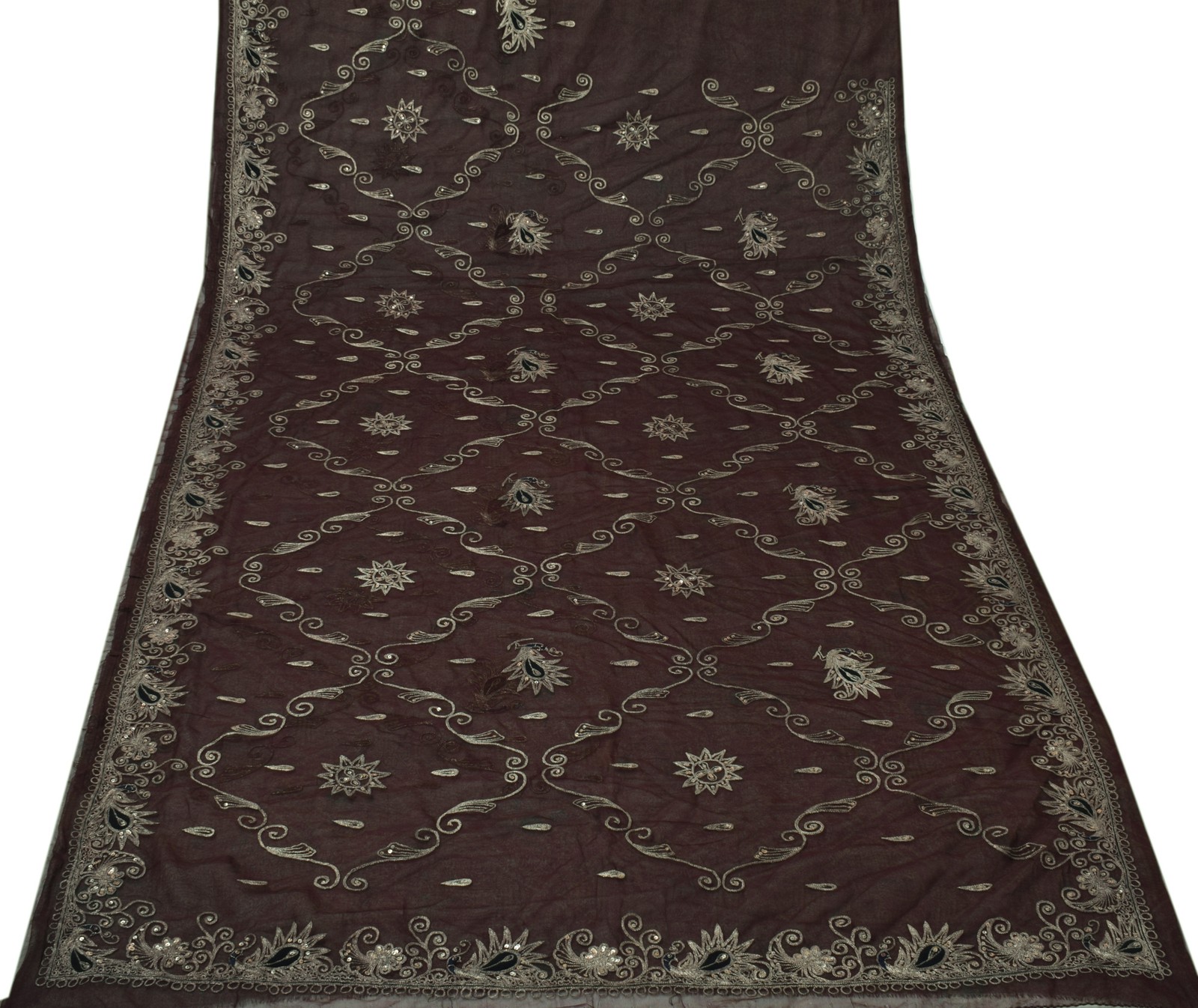 Sushila Vintage Brown Saree Blend Georgette Silk Embroidered Peacock Sari Fabric