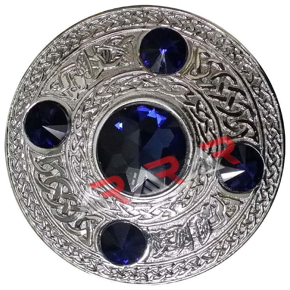 Scottish Men’s Kilt Fly Plaid Brooch Highland Celtic 5 Blue Stones Silver 4″ AAR