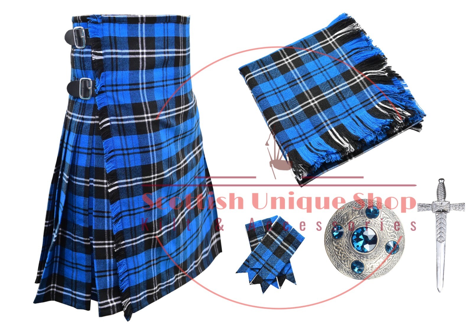 Ramsey Blue Tartan 8 Yard kilt – Men Traditional Scottish 16Oz kilt Custom Size