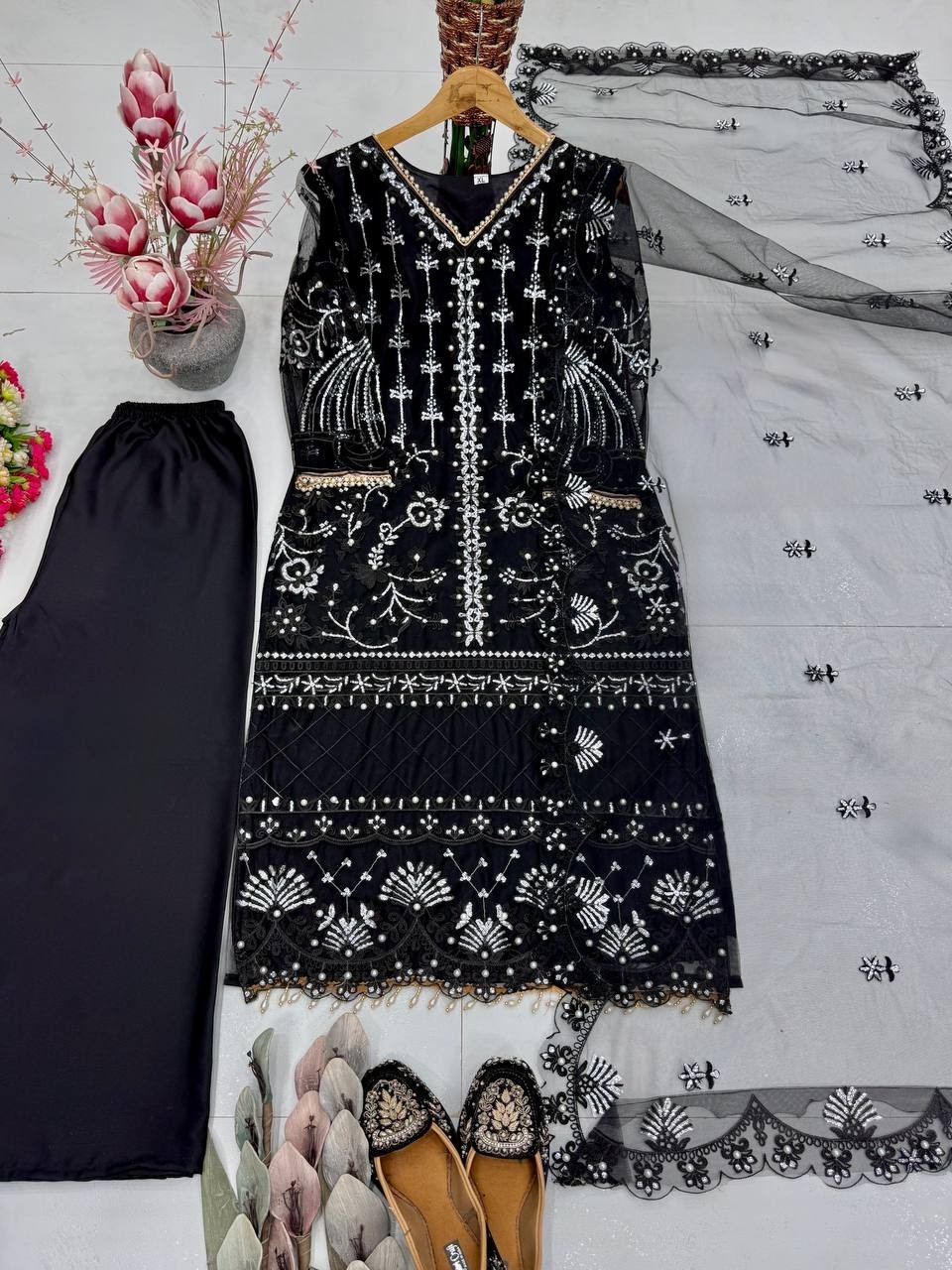 Elegant Black Soft Net Kurta Palazzo With Dupatta For Reception Wear