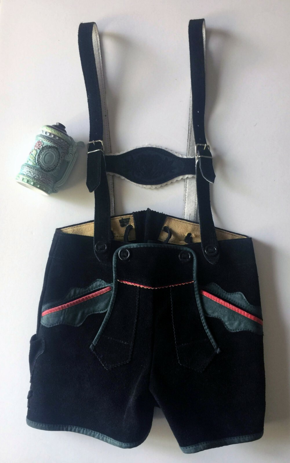 German Lederhozen Leather Boys Size 104 (4T) Black Green Edelweiss Oktoberfest