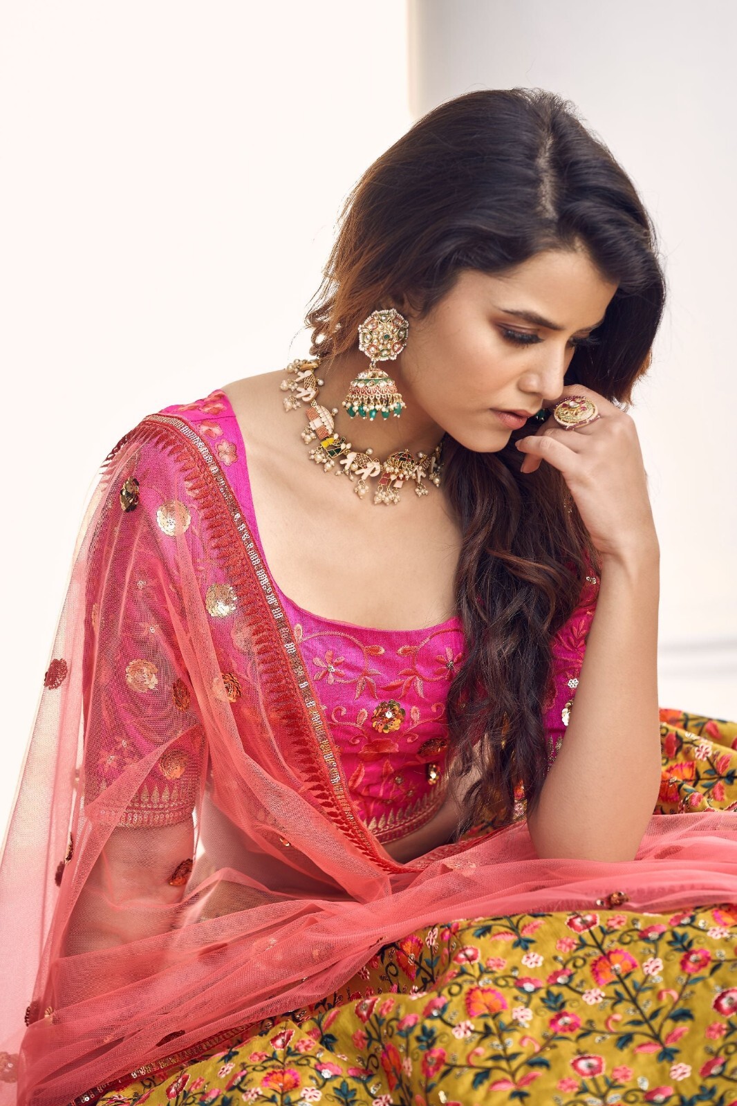 Mustard Yellow & Pink Thread With Sequins Embroidered art Silk lehenga choli