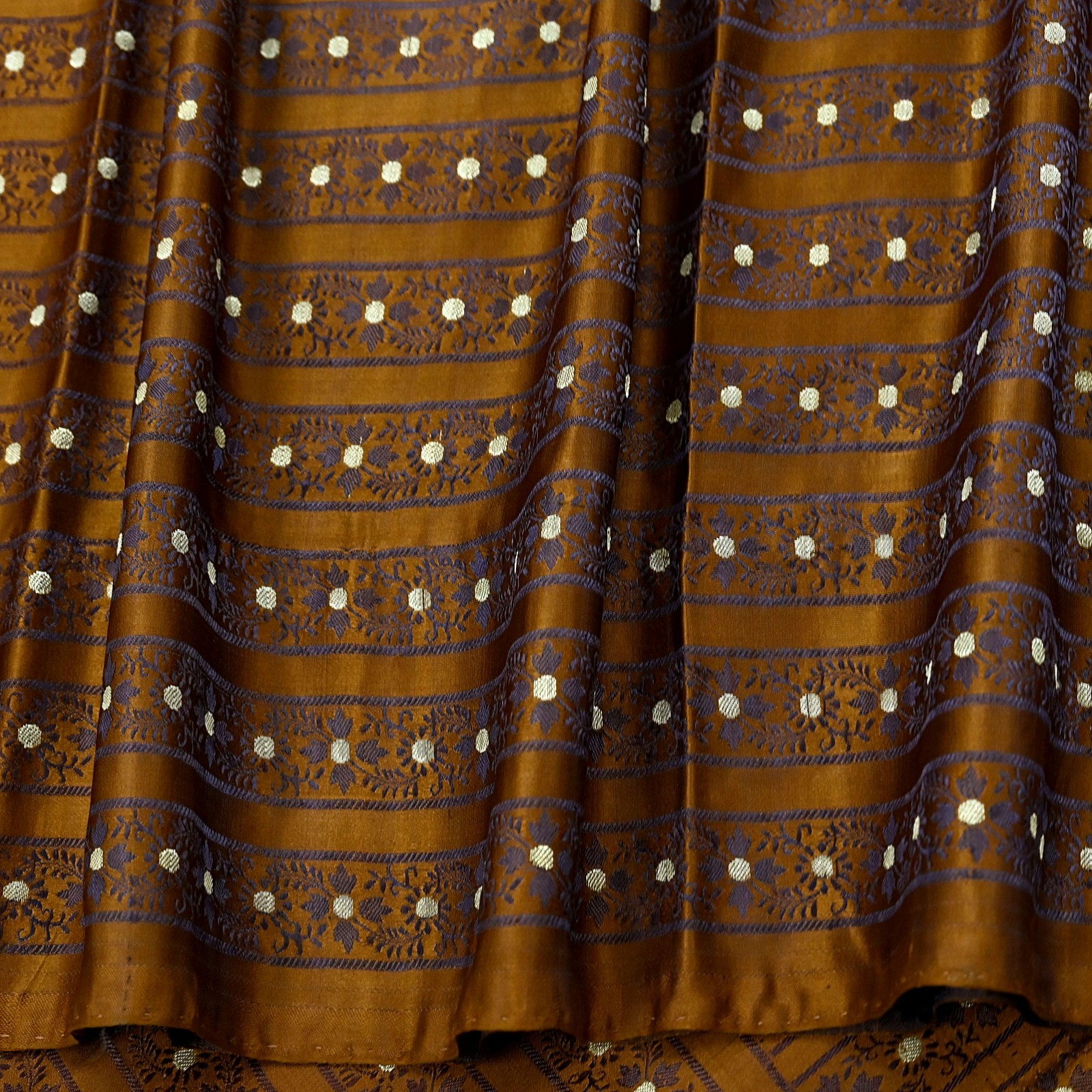 Vintage Sari Golden Brown Heavy Pure Satin Silk Woven Banarasi Tanchoi Saree 5Yd
