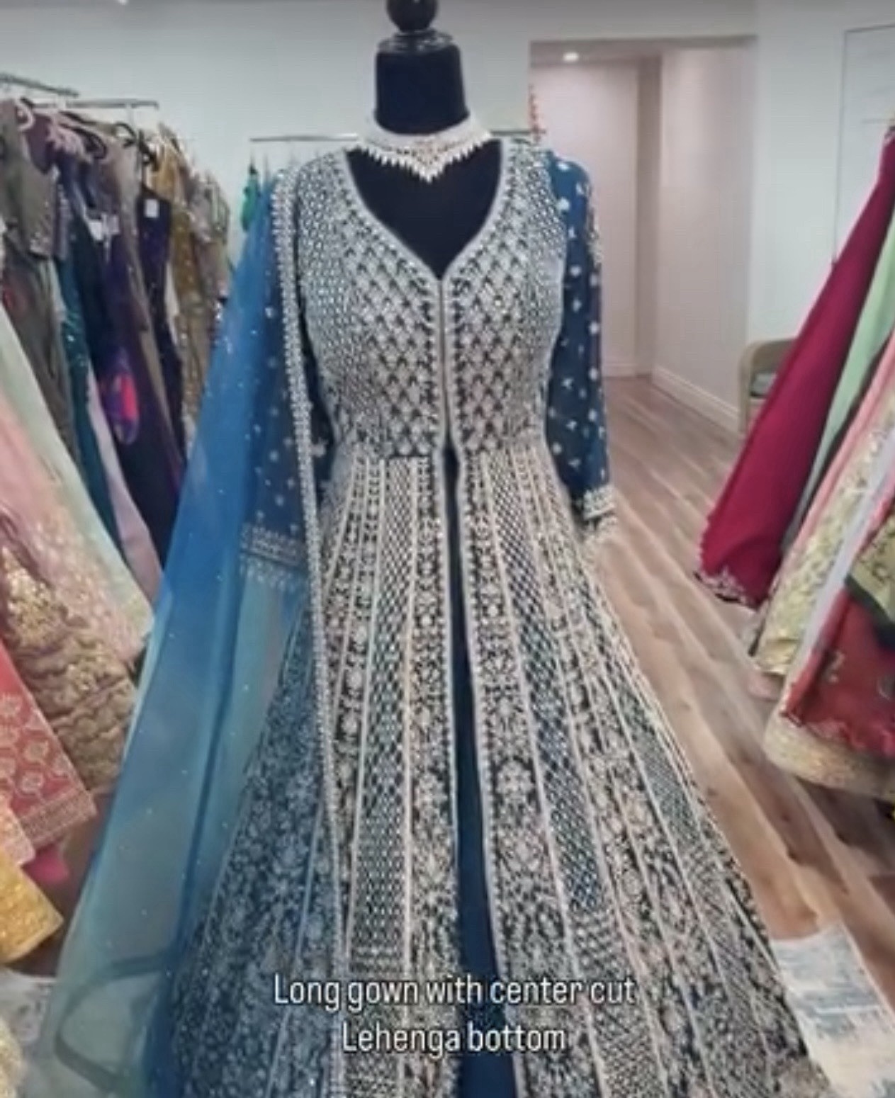 Handmade Women’s Blue Embroidered lengha Gown w/ Net Dupatta, L