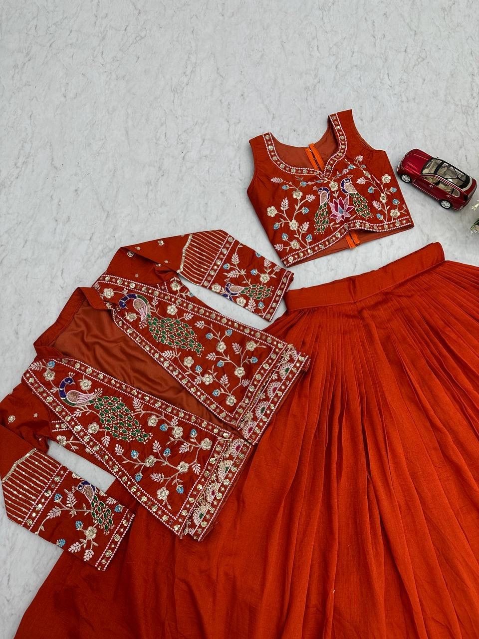 Designer Vichitra Silk Lehenga Choli with Jacket Heavy Thread Sequence Work