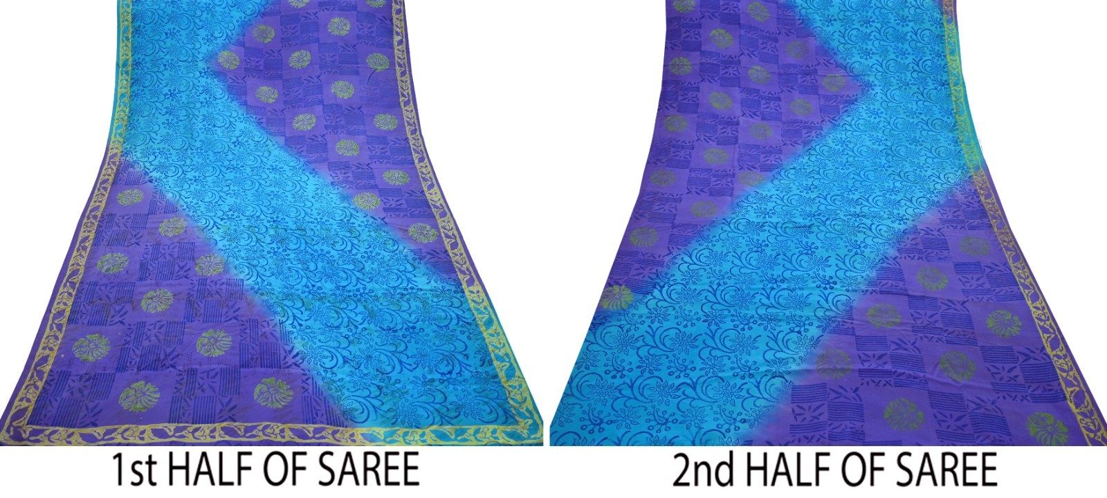 Vintage Sari Purple & Blue Pure Silk Printed Saree 6yd Sewing Craft Fabric Soft