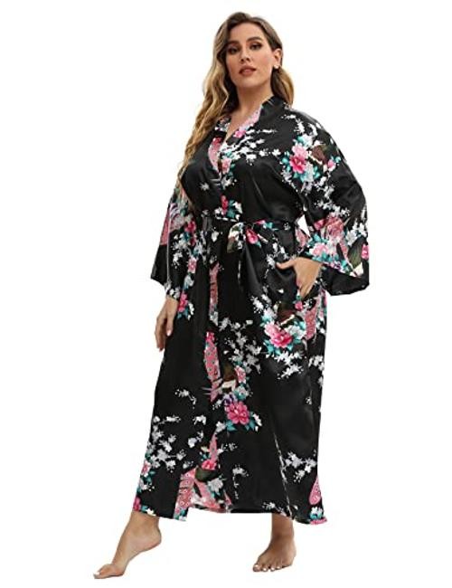 Women’s Floral Long Satin Robes Plus Size XX-Large-3X-Large Peacock | Black