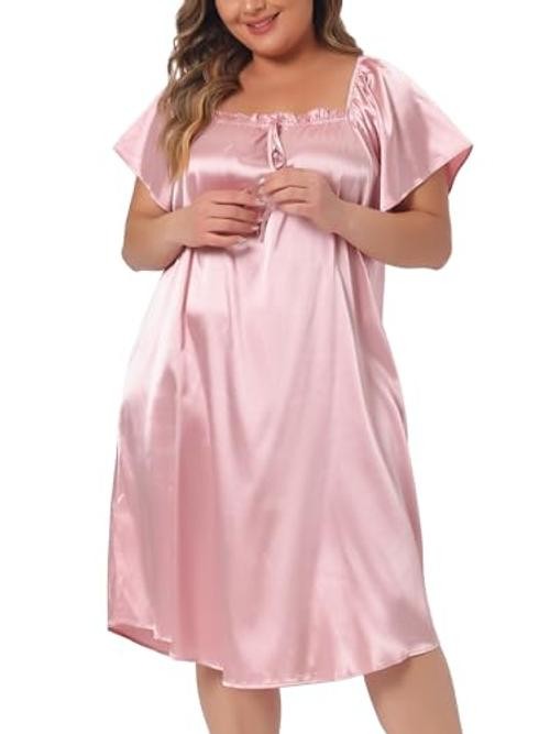 Plus Size Satin Silk Nightgown for Women Pleated Loose Sleepwear 4X Pink