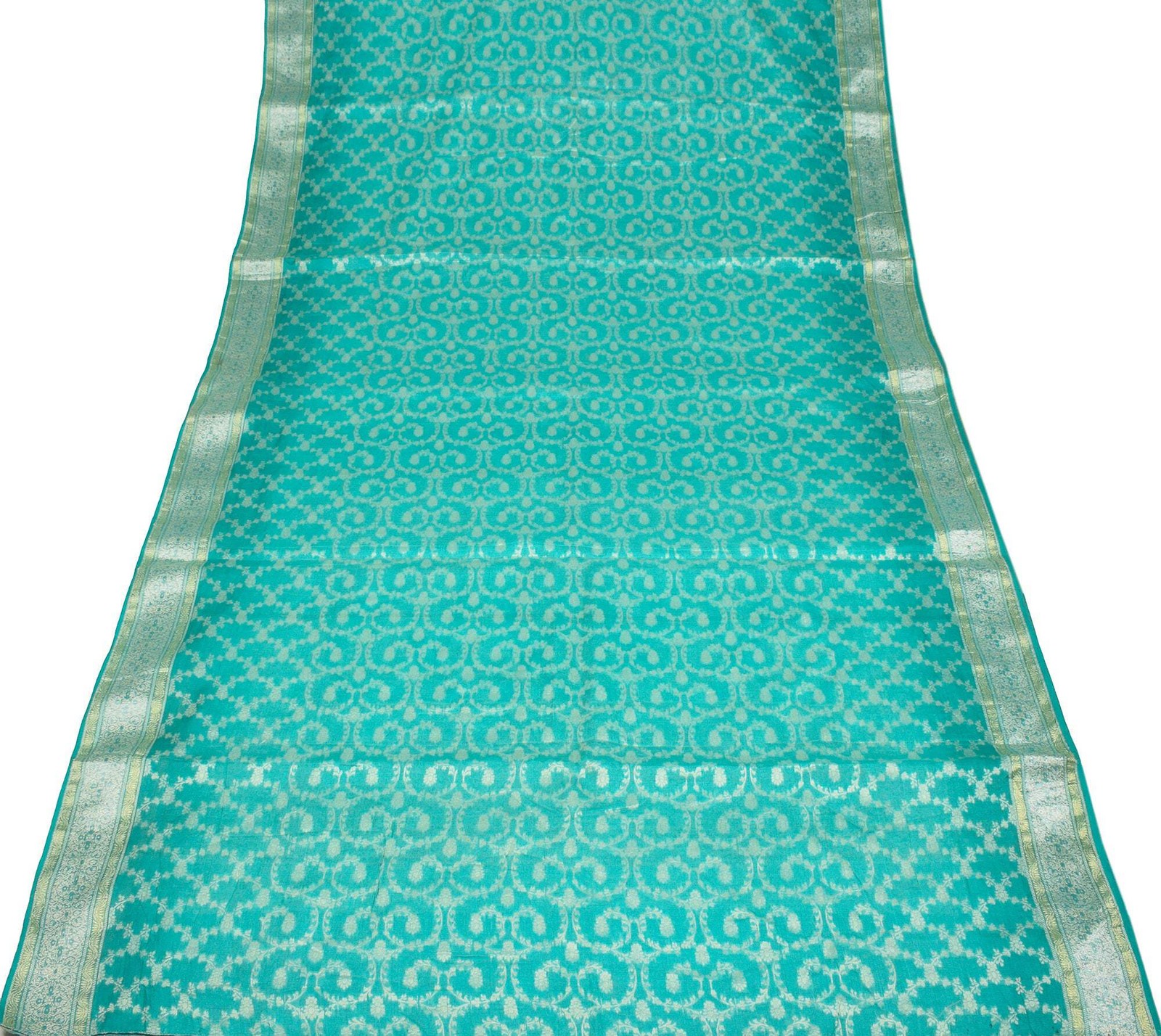Sushila Vintage Aqua Green Saree Woven Floral Pure Tussar Silk Sari Craft Fabric
