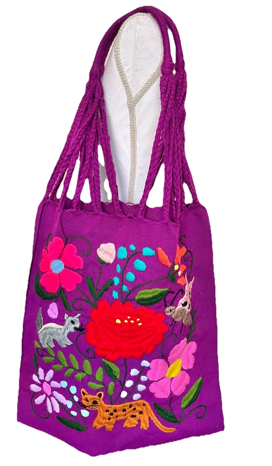 LOOM WOVEN OTOMI EMBROIDERED LARGE BAG Purple Tote Animals & Flowers Made In MX