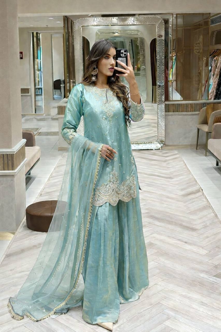 Elegant Designer Silk Kurta Palazzo With Dupatta For Wedding & Party Wear