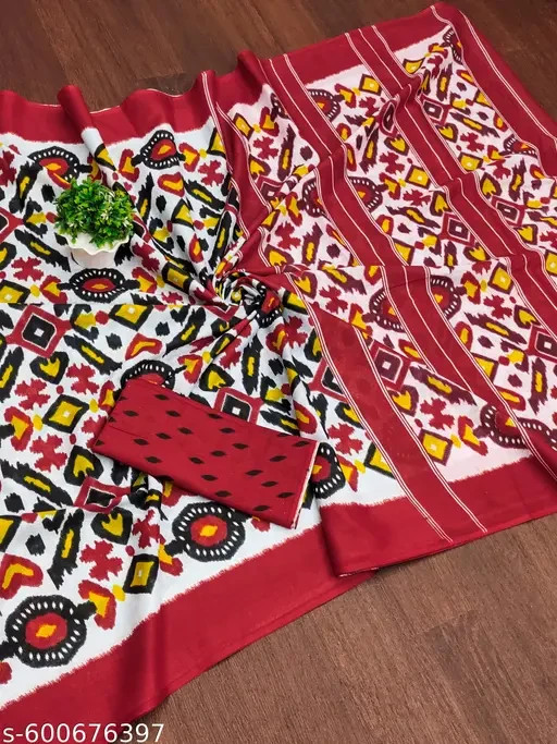 Soft Pure Mulmul Cotton Block Printed Saree And With Running Blouse