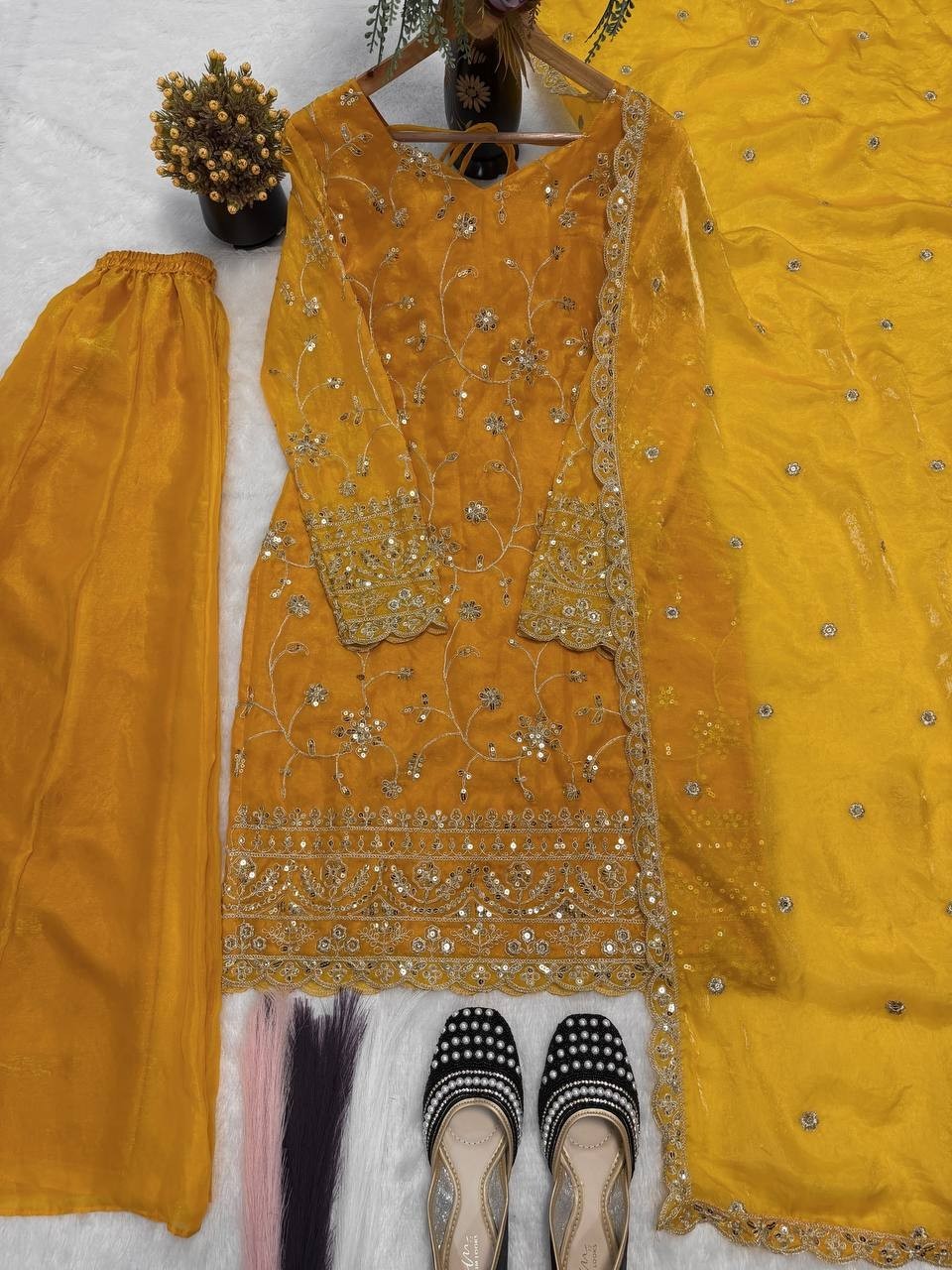 Presenting New Pure Silk Yellow Top Palazzo With Dupatta For Reception Wear